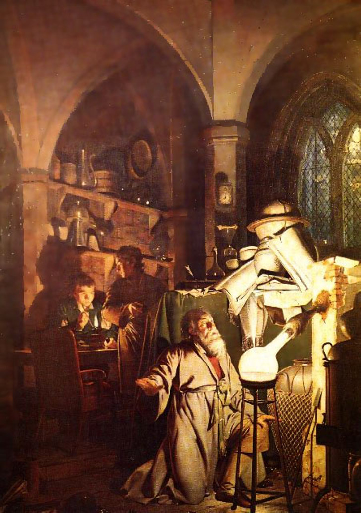  Открытие фосфора Хеннигом Брандом. Картина британского живописца Джозефа Райта «Алхимик, открывающий фосфор» ,1771 год. 