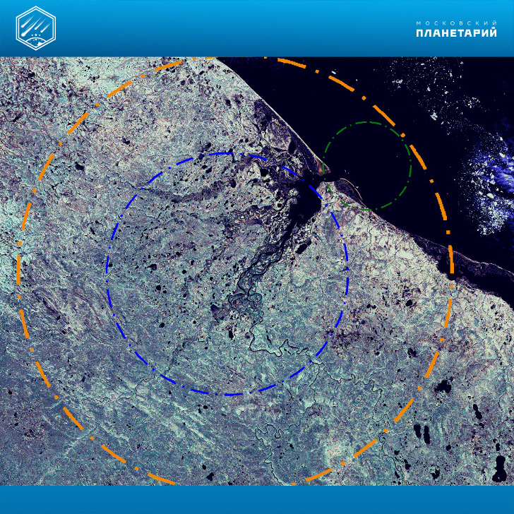 Район Карской метеоритной структуры (снимки из космоса). Желтая окружность - очертания кратера диаметром 120 км, синяя и зеленая окружности соответствуют диаметрам 65км и 22 км.