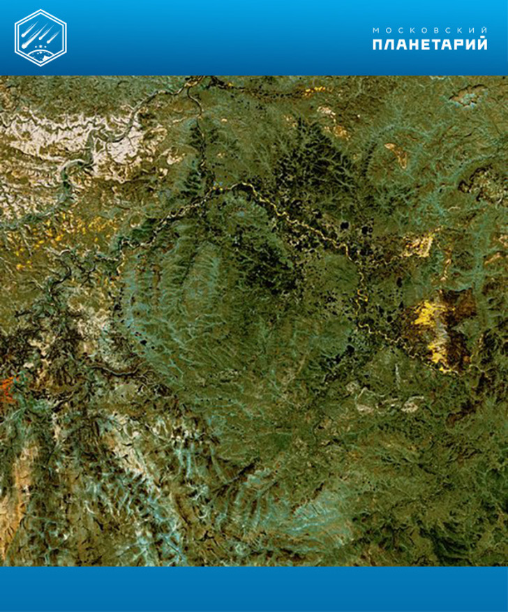  Попигайская астроблема. Диаметр – 100 км, возраст – 35 млн лет. Снимок из космоса. 