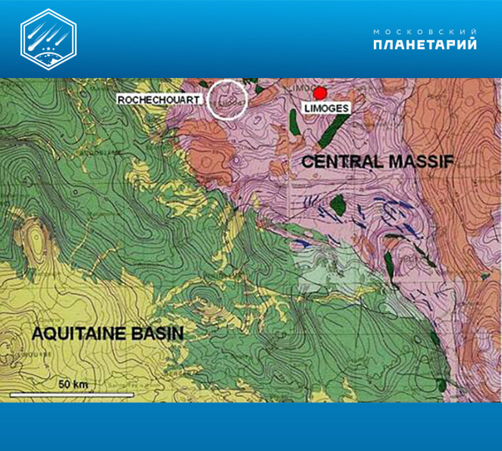 Кратер Рошешуар на карте Центрального массива (Франция)
