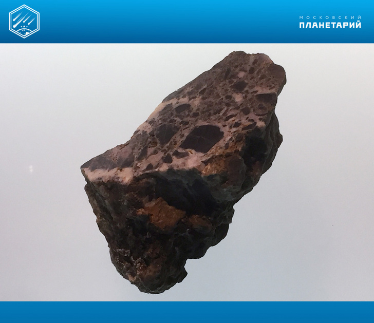  Метеоритный кратер Каменский. Спил импактной брекчии, 9х6х5 см, масса 335 г. Метеоритная коллекция Московского Планетария, № 97. 