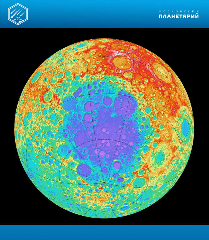 Кратер Бассейн Южный полюс — Эйткен. Карта высот, основанная на данных КА Lunar Reconnaissance Orbiter НАСА, 2009 г. Красное – возвышенности, синее – низменности.