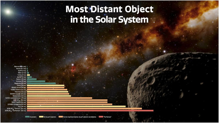  На этой иллюстрации в правом нижнем углу изображен самый далекий объект, из когда-либо обнаруженных в нашей Солнечной системе, его назвали «Farfarout». В нижнем левом углу графика показаны расстояния до планет, карликовых планет, кандидатов в карликовые планеты и Дальнего Зарубежья от Солнца в астрономических единицах (а.е.). Один а.е. равен среднему расстоянию Земли от Солнца. Фарфараут находится на расстоянии 132 а.е. от Солнца. Предоставлено: NOIRLab/NSF/AURA/Дж. да Силва 