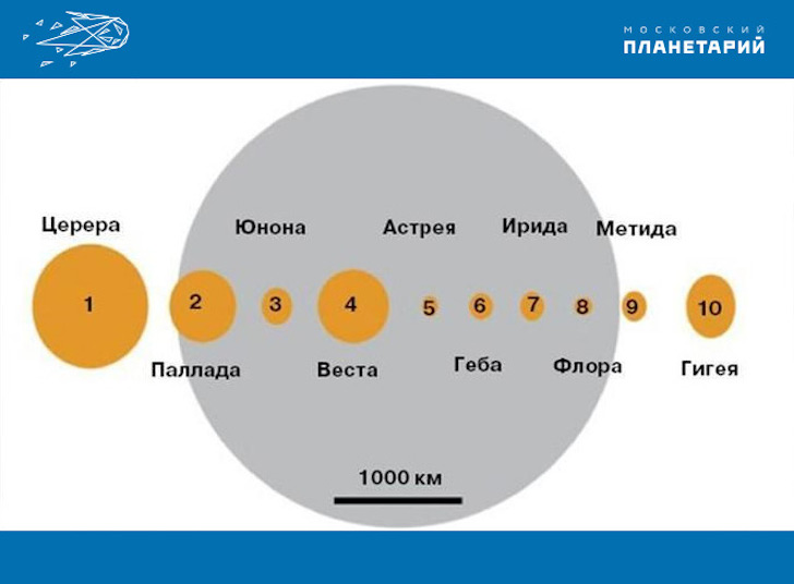  Сравнительные размеры первых десяти открытых объектов в поясе астероидов и Луны. 