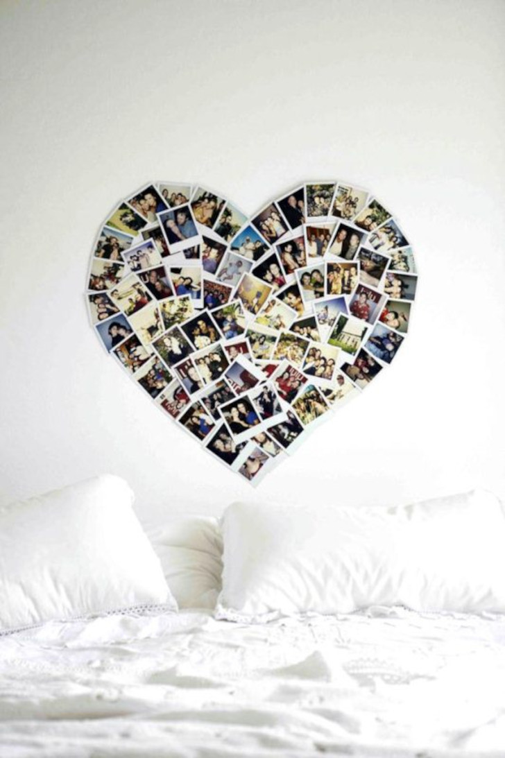 Идея для молодоженов: совместные фотографии можно оформить на стене в виде сердца