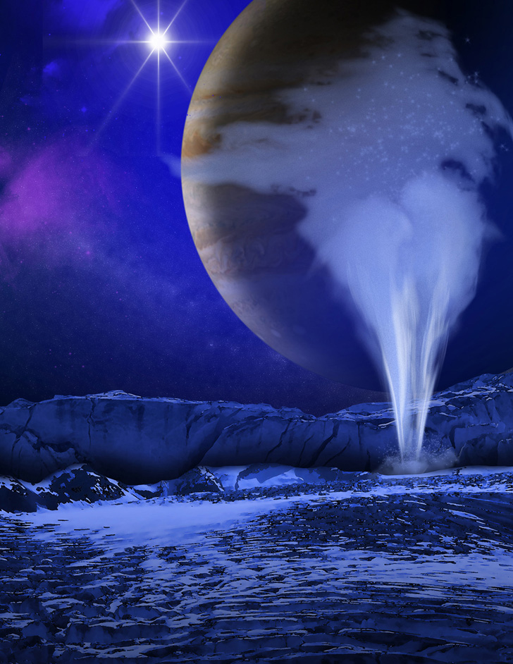 Водяной гейзер на Европе в представлении художника. Credit: NASA/ESA/K. Retherford/SWRI 