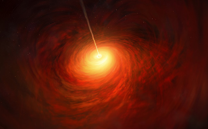 Художественное представление окружения сверхмассивной черной дыры в гигантской эллиптической галактике Messier 87. На изображении виден разогретый материал, окружающий гравитационного монстра, и выбрасываемый им джет. Credit: ESO/M. Kornmesser