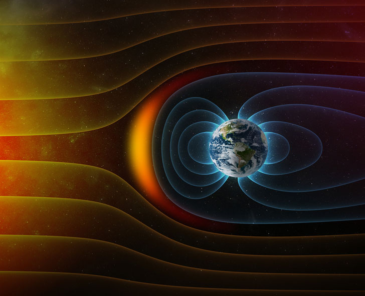 Взаимодействие магнитного поля Земли с потоком солнечной радиации в представлении художника. Credit: NASA Goddard's scientific visualization studio