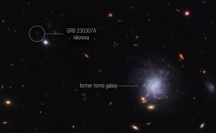 Расположение килоновой с порожденным ей гамма-всплеском GRB 230307A, и родительской галактики нейтронных звезд, из которой они были выброшены сотни миллионов лет назад. Credit: NASA, ESA, CSA, STScI, A. Levan (IMAPP, Warw), A. Pagan (STScI)