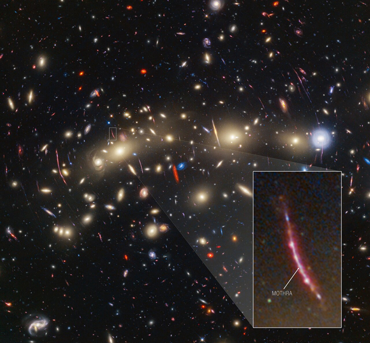 Снимок скопления галактик MACS0416, на котором выделена фоновая галактика, содержащая звезду Мотра. NASA, ESA, CSA, STScI