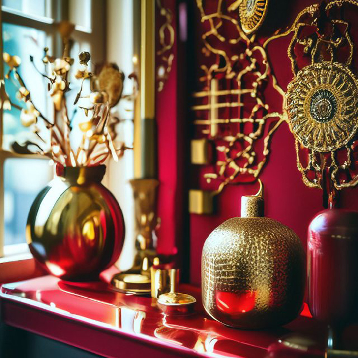 Можно организовать целый новогодний уголок с красно-золотой цветовой схемой. © Milady de Molier