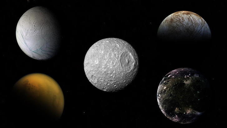 Мимас в сравнении с другими спутниками Солнечной системы, на которых предполагается существование океана. Credit: Frédéric Durillon