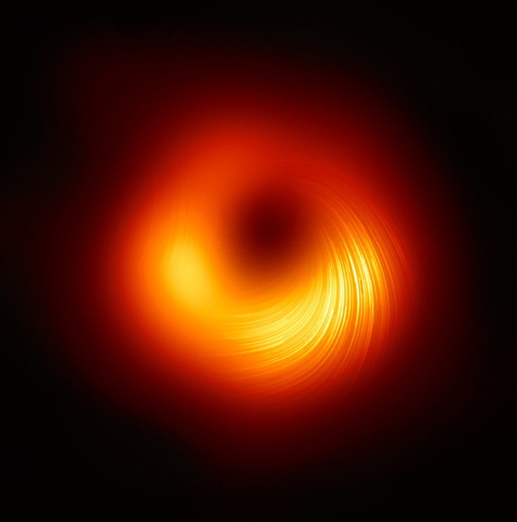 Фотография сверхмассивной черной дыры в центре галактики Messier 87 в поляризованных лучах. Линии отмечают ориентацию поляризации, связанную с магнитным полем вокруг тени черной дыры. Credit: EHT Collaboration