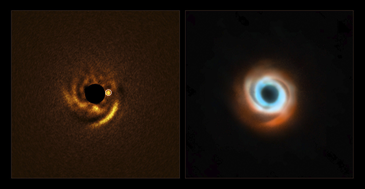 С помощью нового прибора ERIS на телескопе VLT астрономы впервые обнаружили возможную формирующуюся планету у основания спирального рукава в диске звезды HD 135344B. Ранее другие инструменты, включая SPHERE и ALMA, не фиксировали таких признаков, но ERIS позволил увидеть объект, который может объяснить структуру диска. Credit: ESO/F. Maio et al./T. Stolker et al./ ALMA (ESO/NAOJ/NRAO)/N. van der Marel et al.