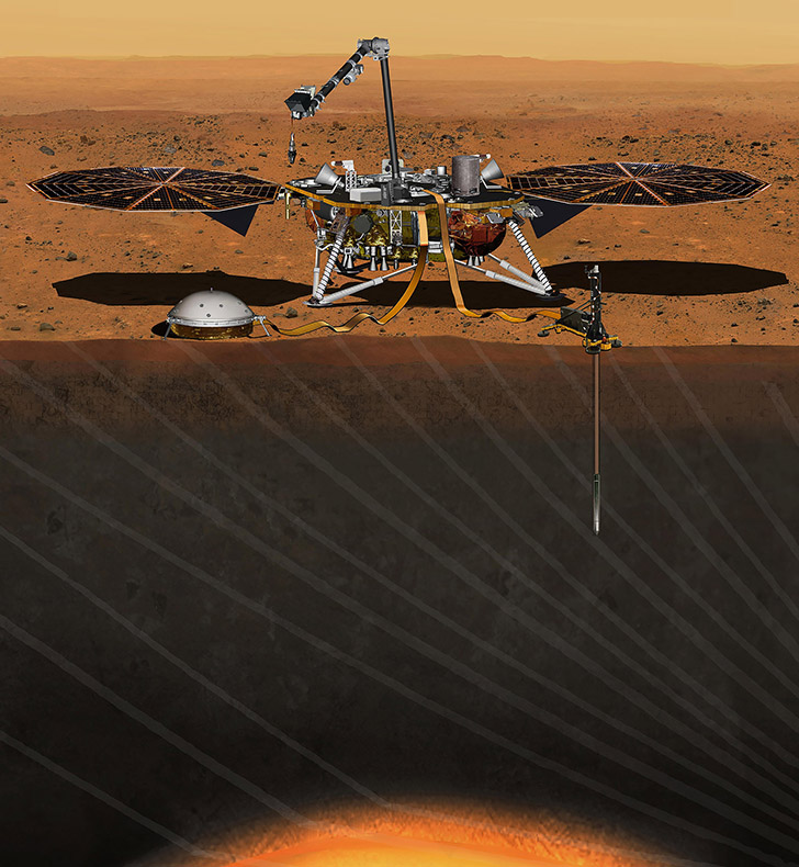 Художественное представление аппарата «InSight» во время работы на Марсе. Credit: NASA/JPL-Caltech