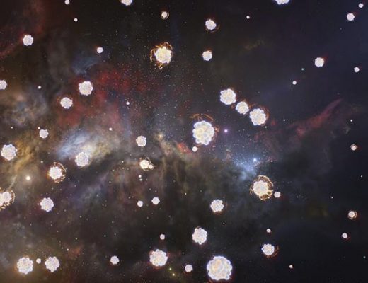 Художественное представление далекого газового облака, содержащего различные химические элементы, выброшенные при взрыве первых звезд во Вселенной. Credit: ESO/L. Calçada, M. Kornmesser