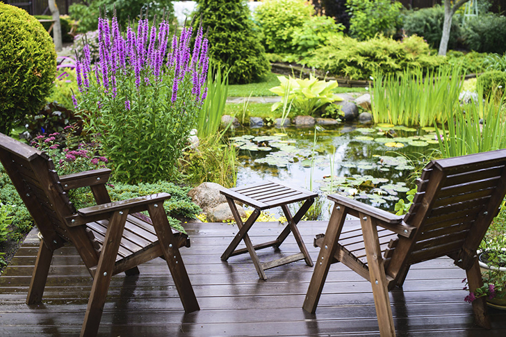 Приподнятый настил из доски, прилегающий к берегу искусственного прудика