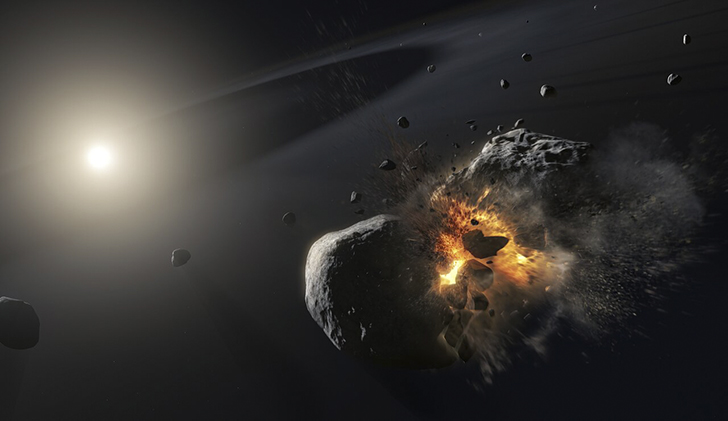 Художественное представление столкновения двух крупных объектов в системе звезды Fomalhaut, оставившее после себя расширяющееся облако пыли, которое долгое время принималось за планету. Credit: ESA/NASA, M. Kornmesser