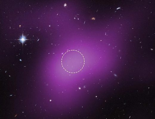 На снимке показано местоположение объекта Cloud-9, который находится на расстоянии примерно 14 миллионов световых лет от Земли. Размытый пурпурный цвет – это радиоданные с массива радиотелескопов «Very Large Array» (VLA), показывающие присутствие облака. Пунктирным кругом отмечен пик радиоизлучения, на котором исследователи сосредоточили свои поиски звезд. Credit: NASA, ESA. G. Anand (STScI), and A. Benitez-Llambay (Univ. of Milan-Bicocca)