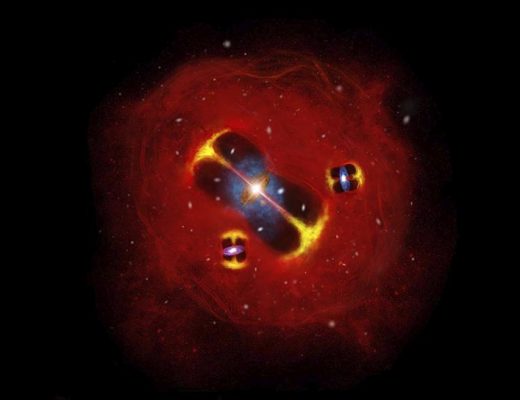 Художественное представление формирующегося скопления галактик в ранней Вселенной: радиоструи от активных галактик погружены в горячую внутрикластерную атмосферу (красный цвет), что указывает на наличие большого резервуара газа в зарождающемся скоплении. Credit: Lingxiao Yuan