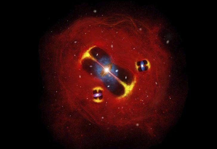 Художественное представление формирующегося скопления галактик в ранней Вселенной: радиоструи от активных галактик погружены в горячую внутрикластерную атмосферу (красный цвет), что указывает на наличие большого резервуара газа в зарождающемся скоплении. Credit: Lingxiao Yuan