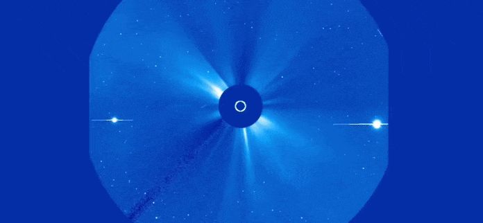 С 10 по 12 мая 2024 года на Землю обрушилась мощная солнечная буря. Обсерватория SOHO, расположенная между Солнцем и Землей, запечатлела на камеру предшествующие событию вспышки на Солнце. Credit: SOHO (ESA & NASA)