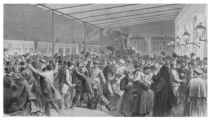 Отъезд русских добровольцев в Сербию. Рисунок с гравюры К.Вейермана. 1876 г