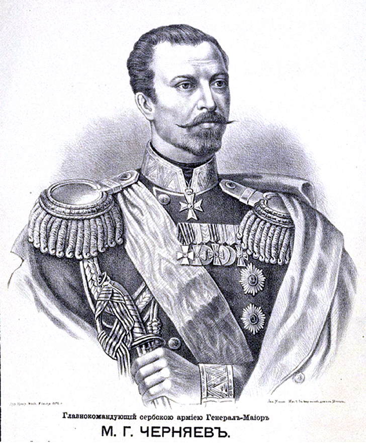 Главнокомандующий сербскою армией российский генерал-майор М. Г. Черняев (1828-1898) (литог. Морозова). Рис.Кулакова. 1876 г
